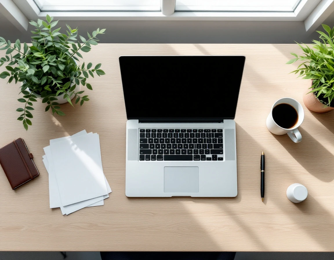 Clean minimalist desk with laptop and coffee cup showing organized workspace free from administrative clutter