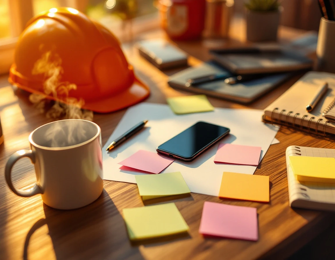 Contractor workspace with coffee, blank sticky notes, phone, and hard hat on wooden desk in warm afternoon light