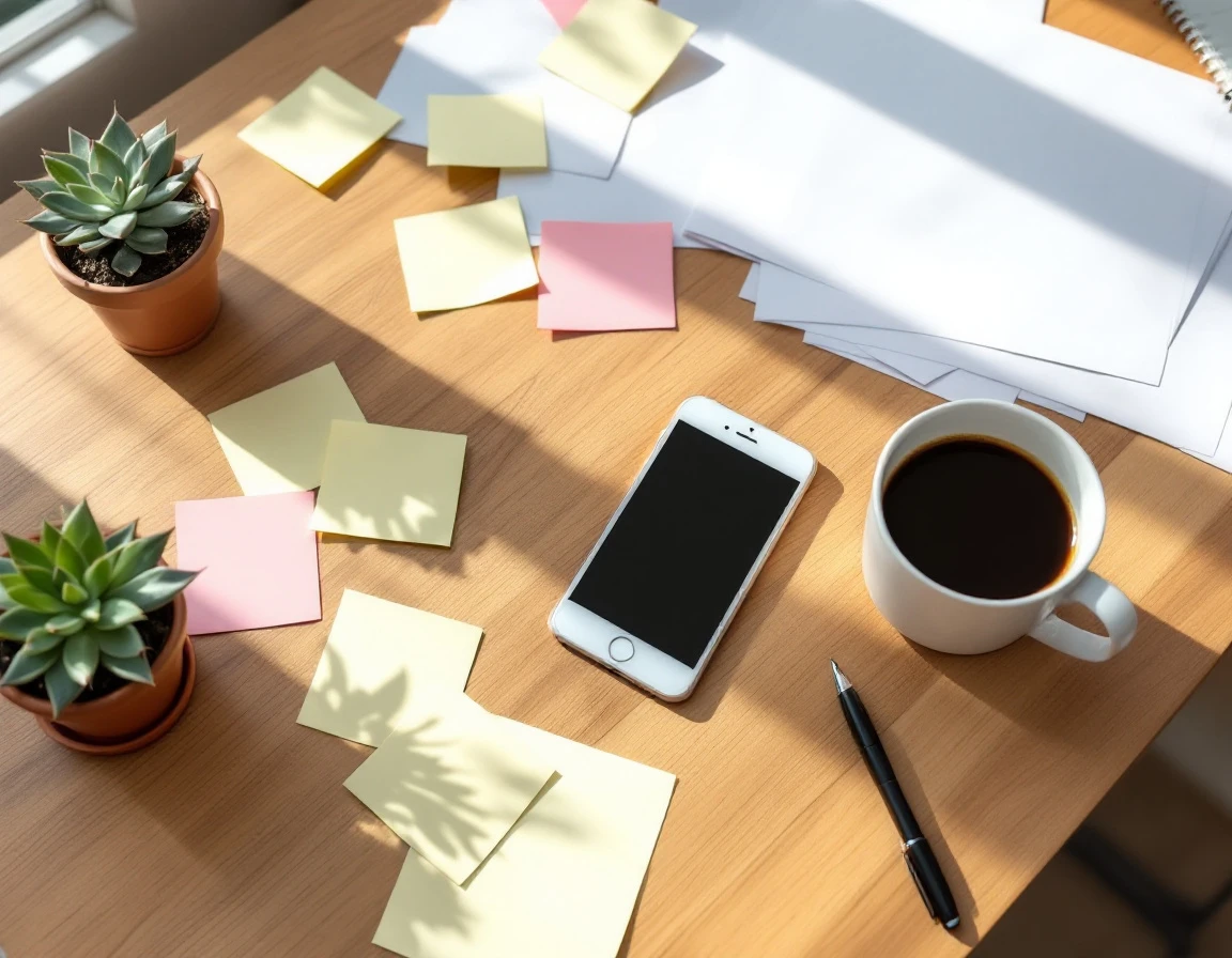 Overhead view of business workspace with scattered notes, coffee, and planning materials on wooden desk