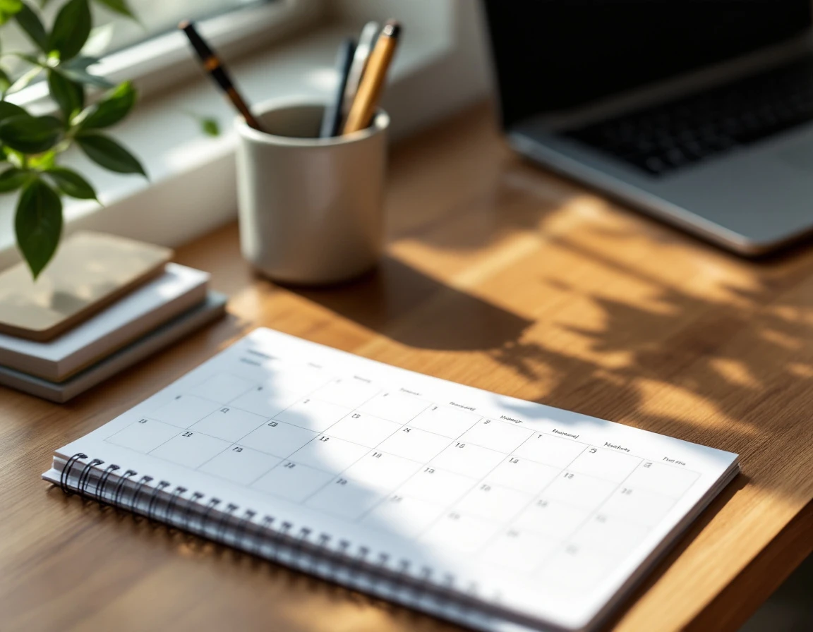 Open planner with evenly spaced marked dates showing consistent outreach scheduling on organized desk