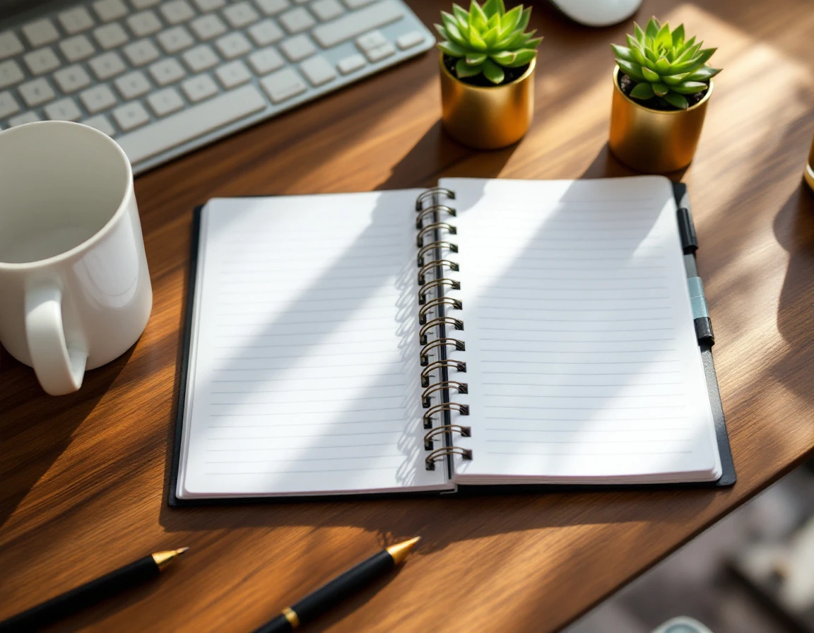 Blank spiral planner on wooden desk with coffee mug, keyboard, and succulent plants in morning light