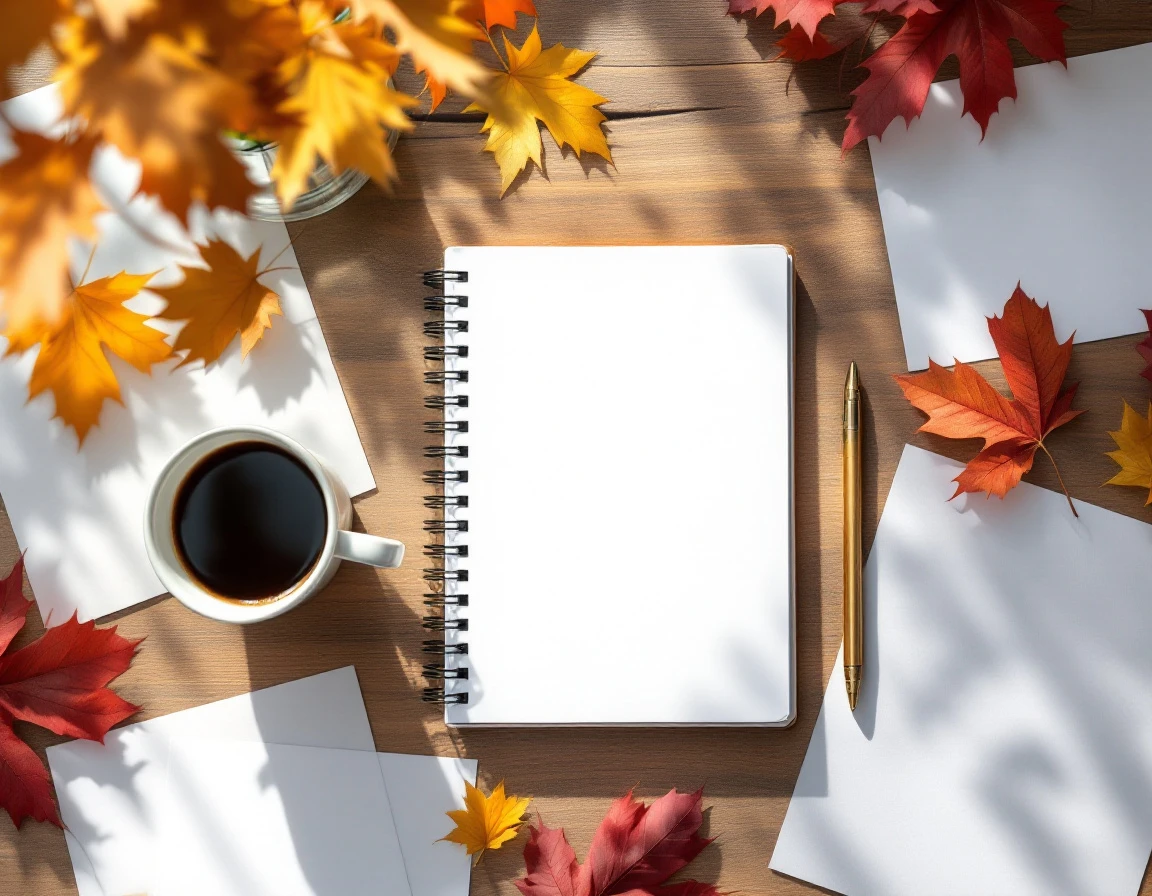 Flat-lay of blank planner with coffee and autumn leaves on wooden desk in warm afternoon light