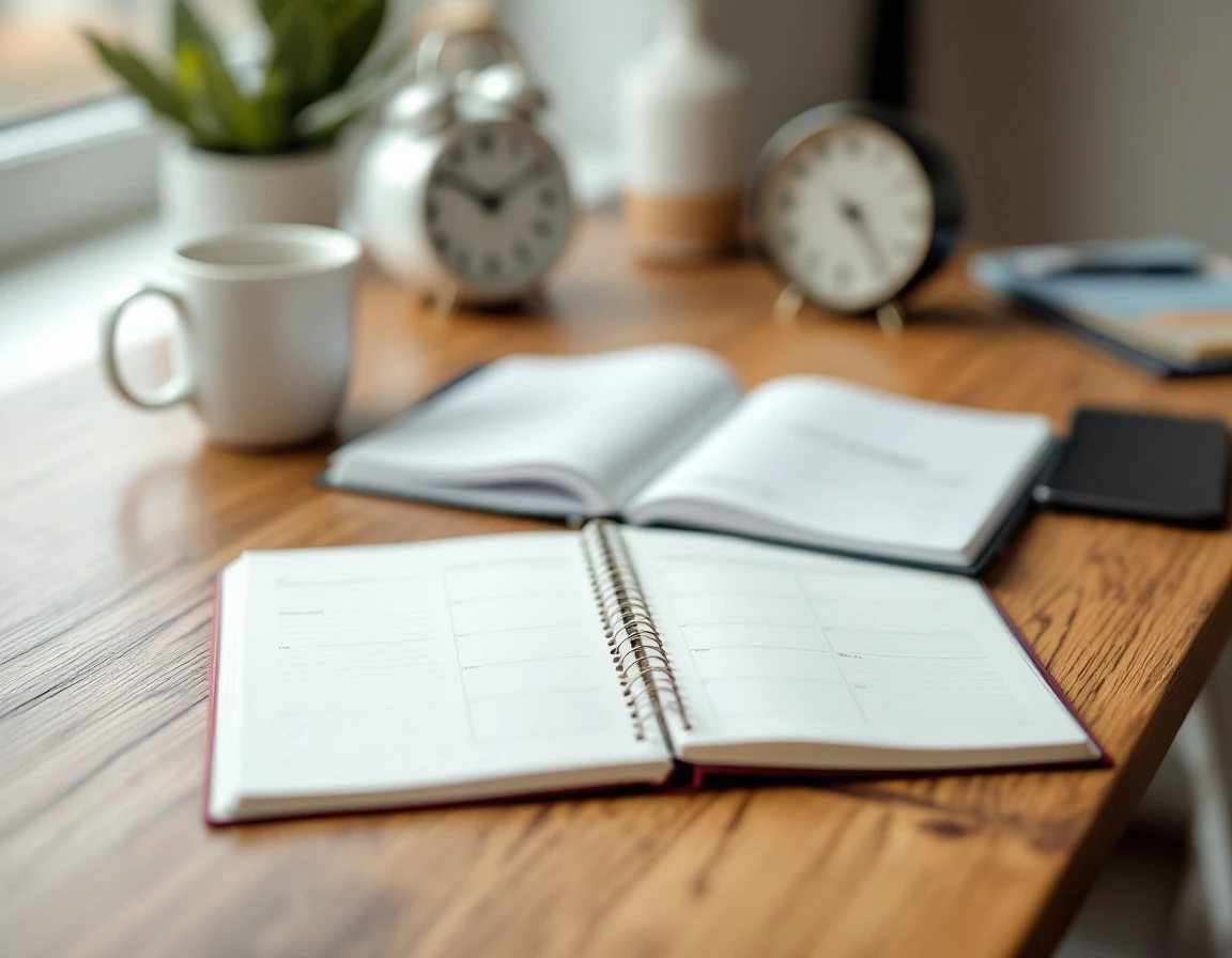 Wooden desk with coffee mug and blurred planner suggesting busy holiday season scheduling