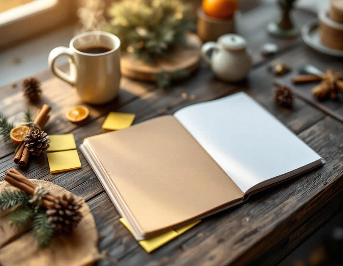 Blank planner and sticky notes on wooden desk with holiday decorations and warm winter light