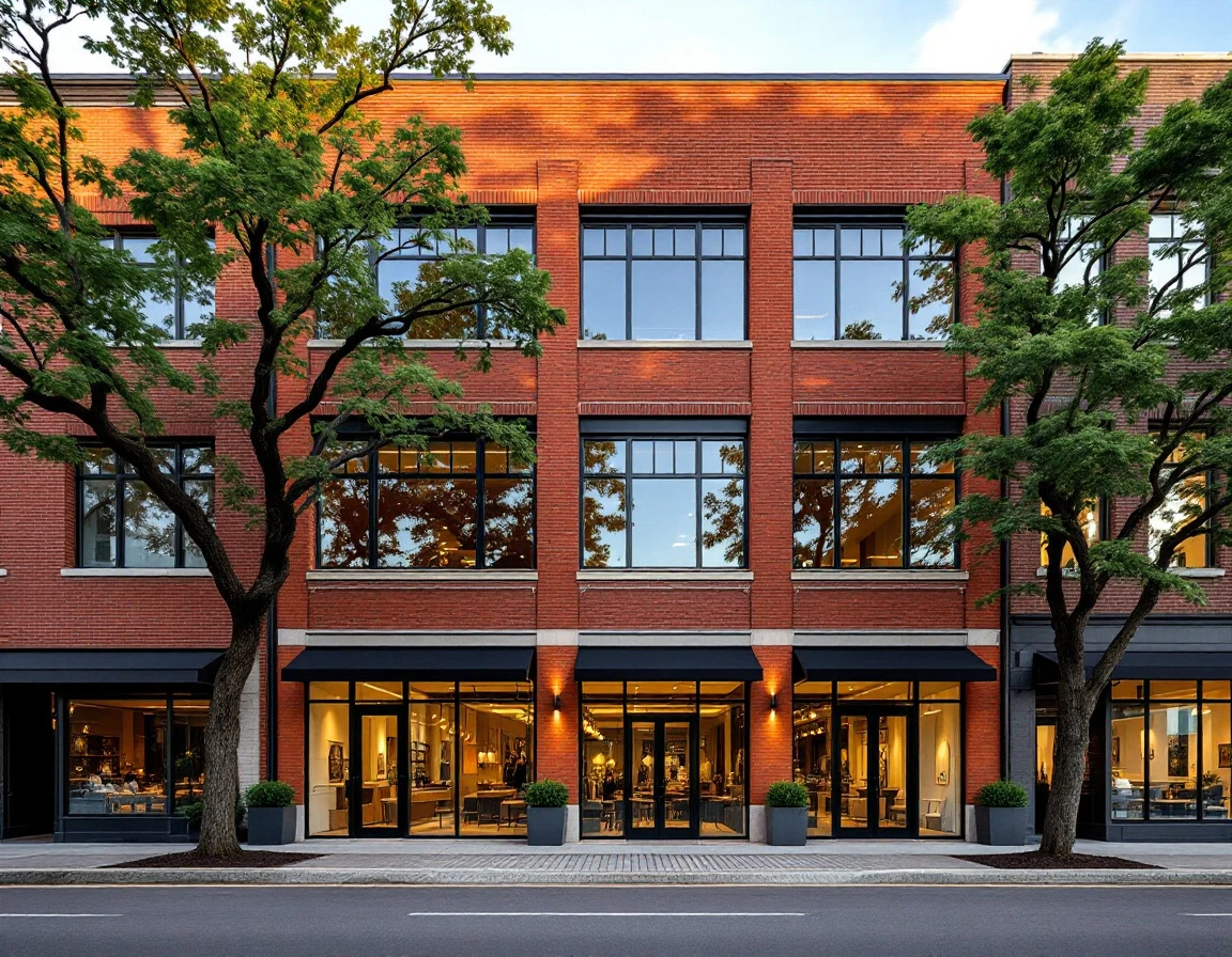 Modern mixed-use commercial building with brick and glass facade in downtown district