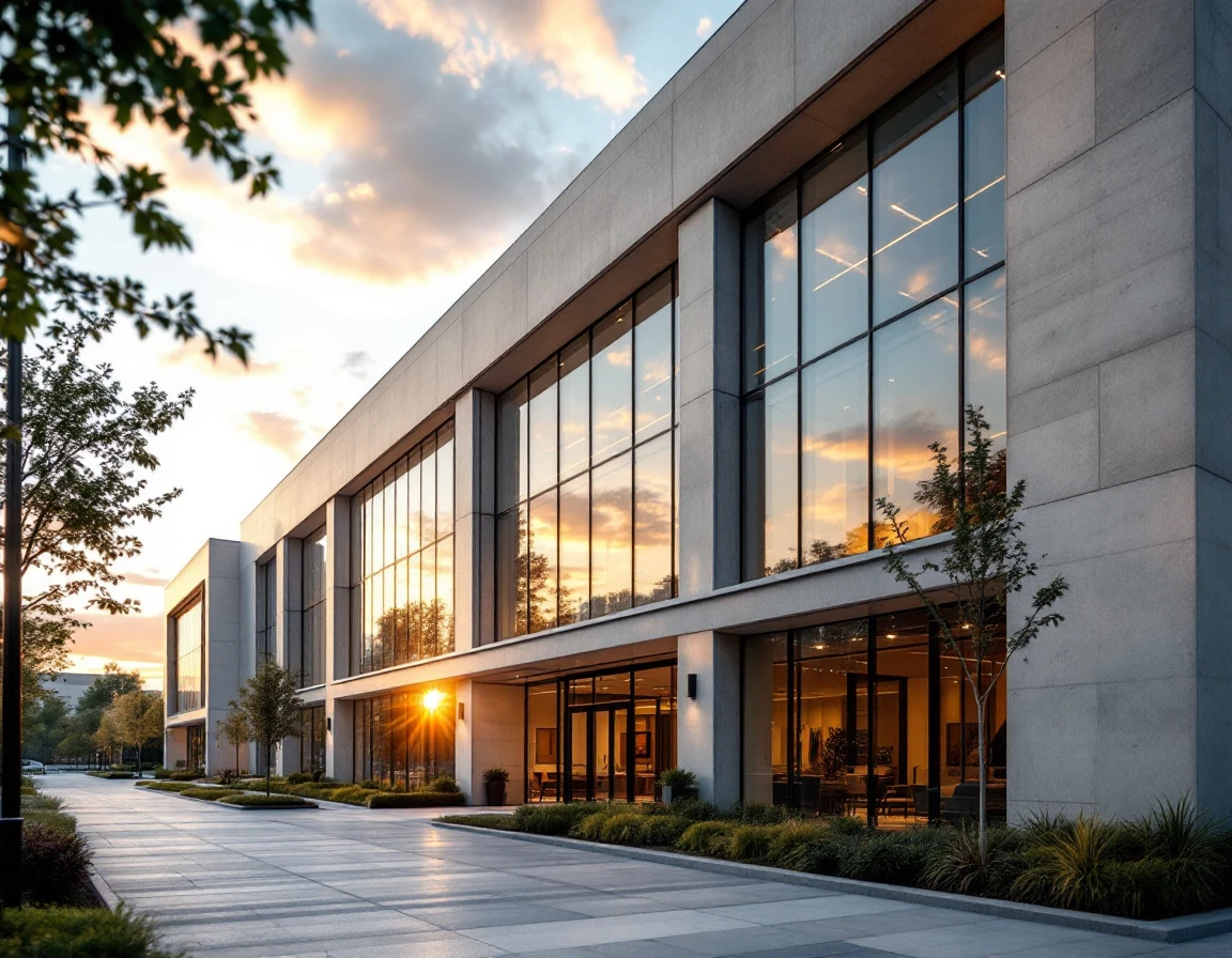 Modern commercial office building with glass facade in business district during golden hour