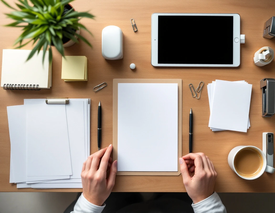 Organized desk flat-lay with blank notecards, tablet, office supplies, and coffee for account management workflow