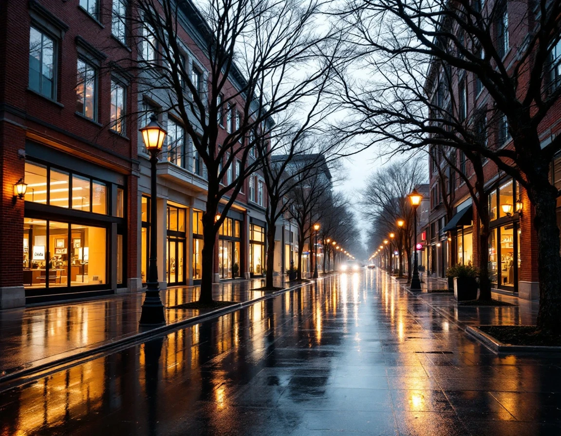 Wet urban street with modern storefronts and reflective pavement after rainfall on an overcast evening