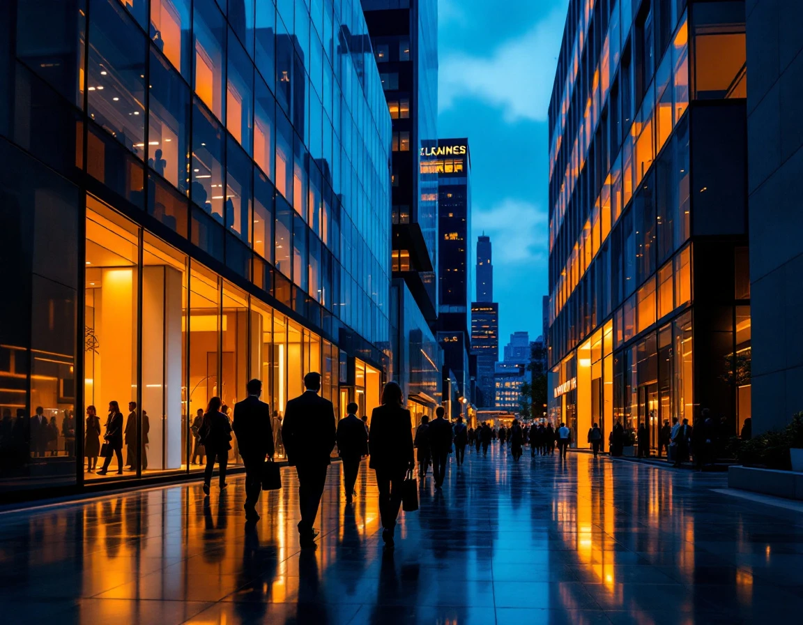 Professional business district at twilight with illuminated storefronts and walking businesspeople