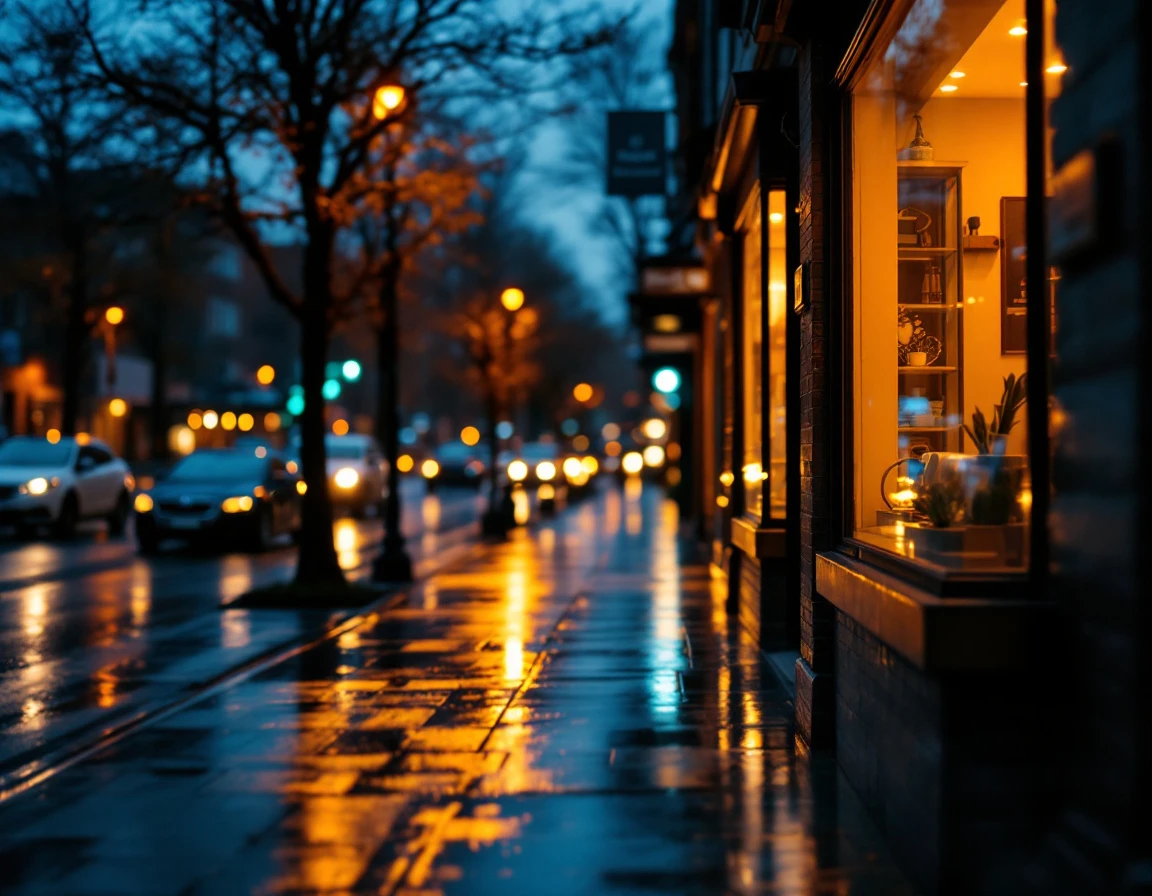 Quiet urban street at dusk with wet pavement reflecting warm storefront lighting during economic uncertainty