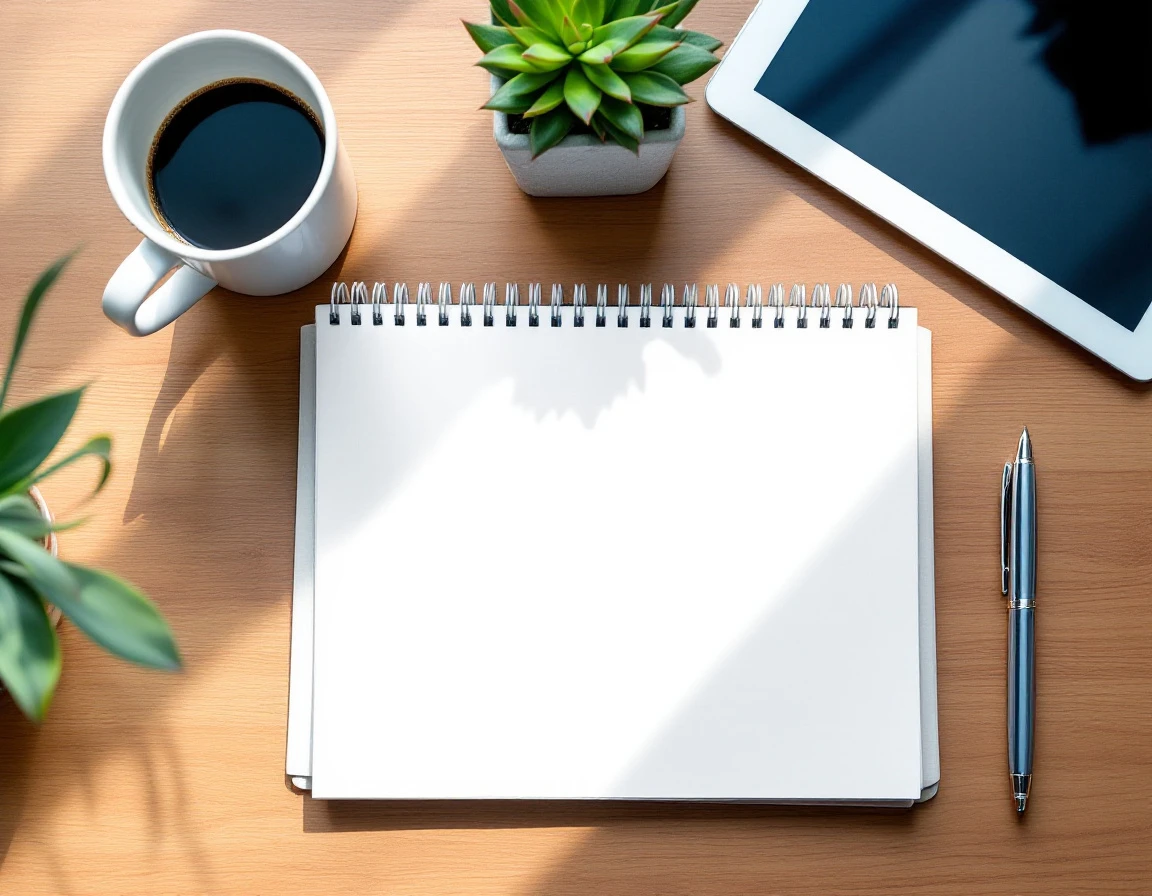 Organized desk workspace with blank notebook, coffee, and tablet representing systematic outreach planning