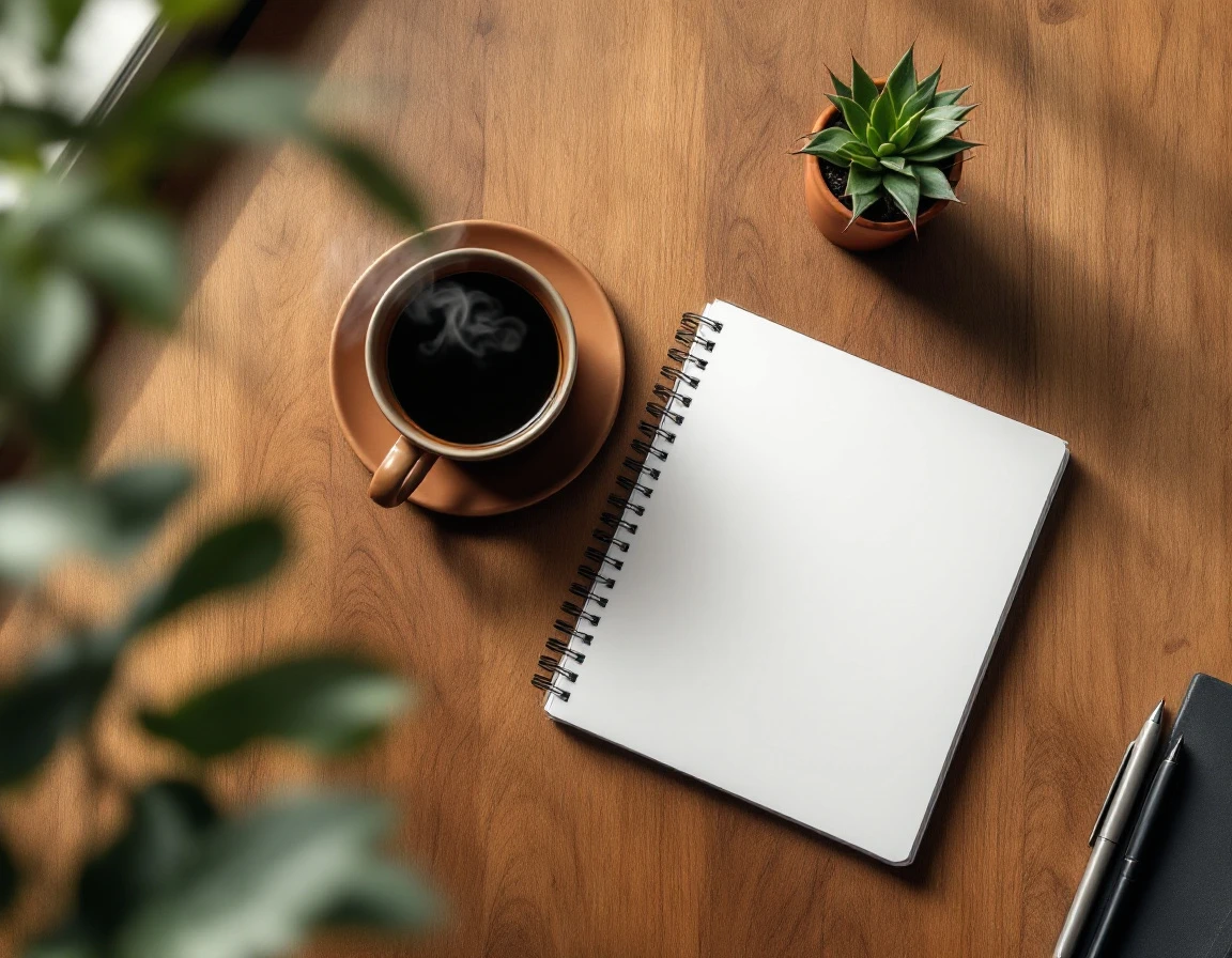 Organized workspace with blank notebook, coffee, and succulent plant for planning outreach sequences