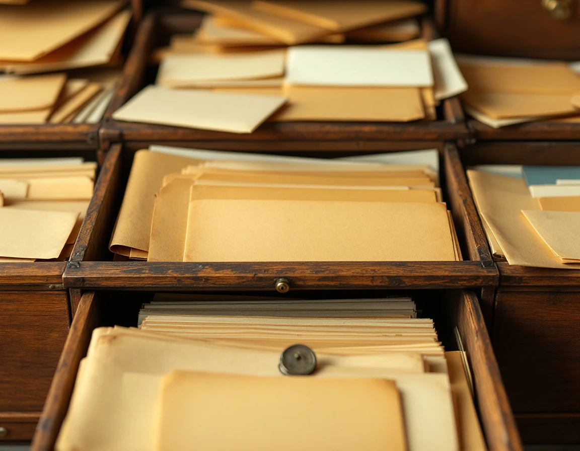 Vintage wooden filing drawer with scattered blank papers and folders showing signs of disorganization