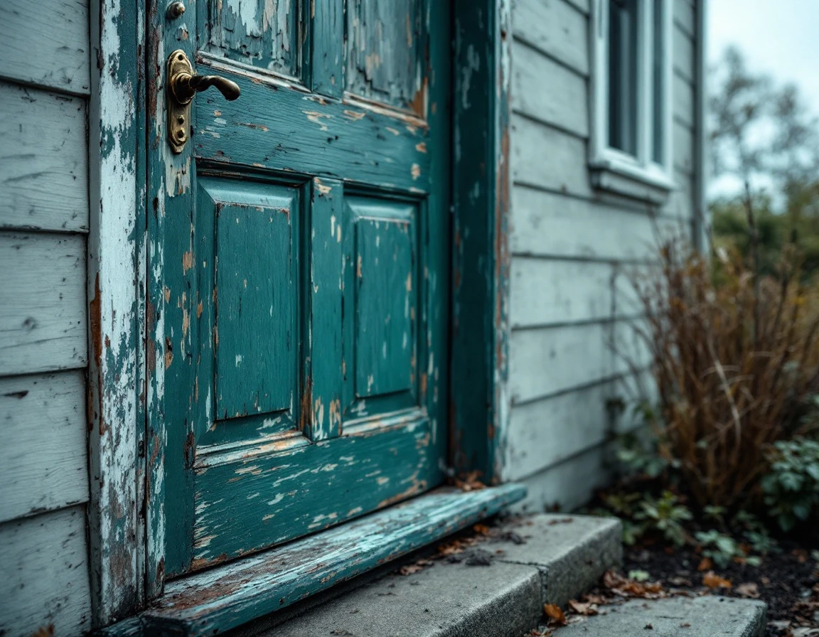 Weathered residential door with peeling paint showing signs of prolonged customer disengagement