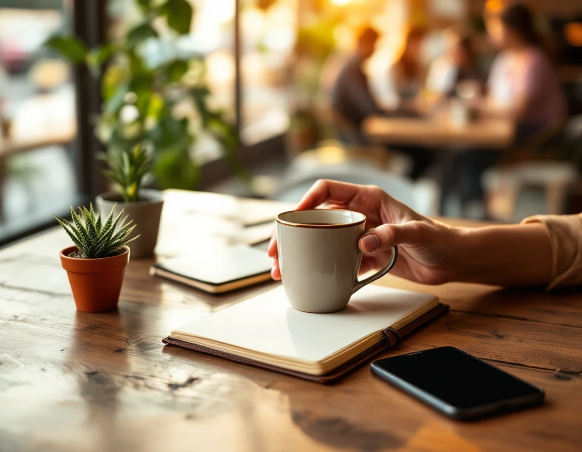 Hands holding coffee mug at desk with notebook and phone, suggesting a moment of customer re-engagement