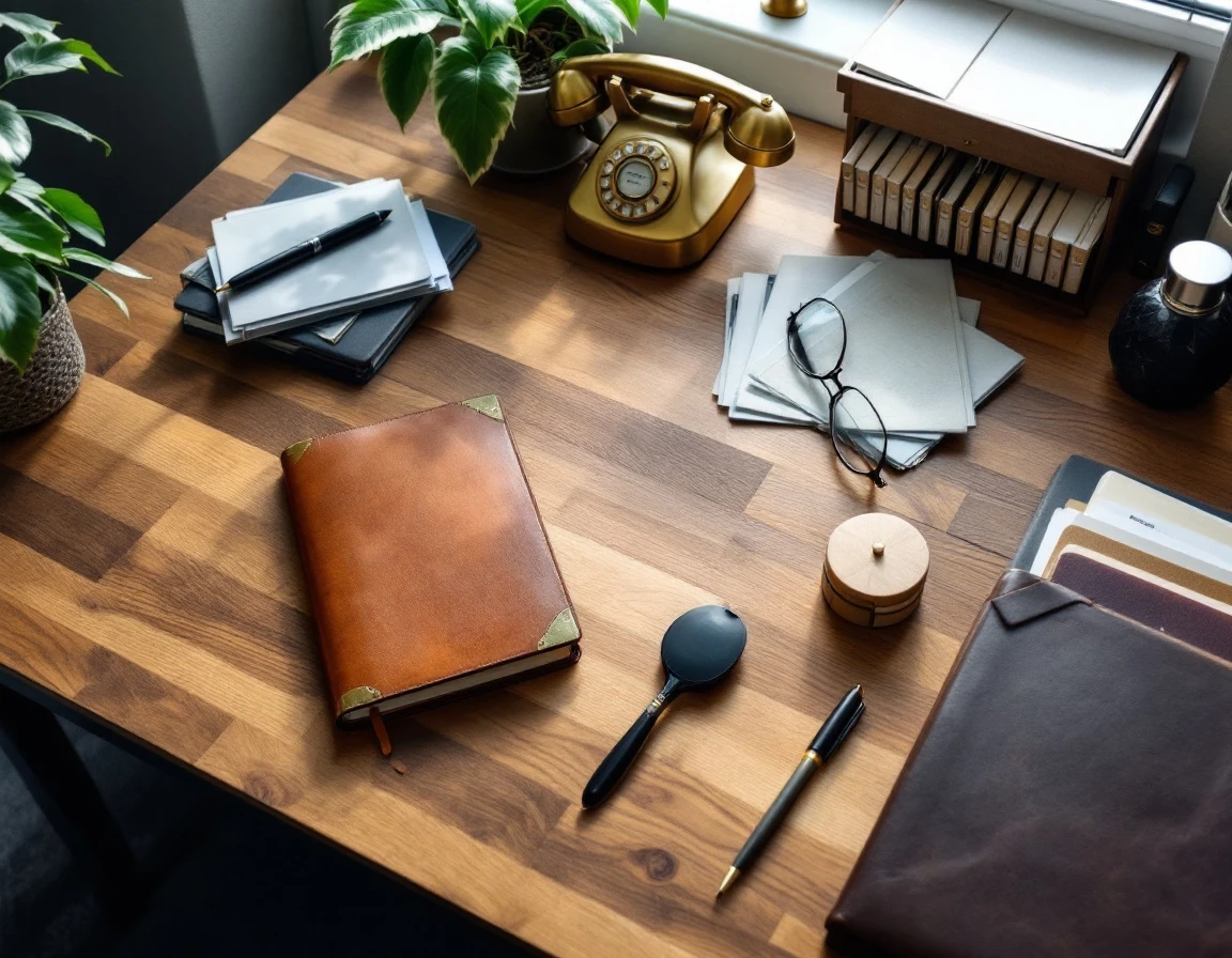 Organized desk workspace showing three distinct zones with planner, telephone, and filing system