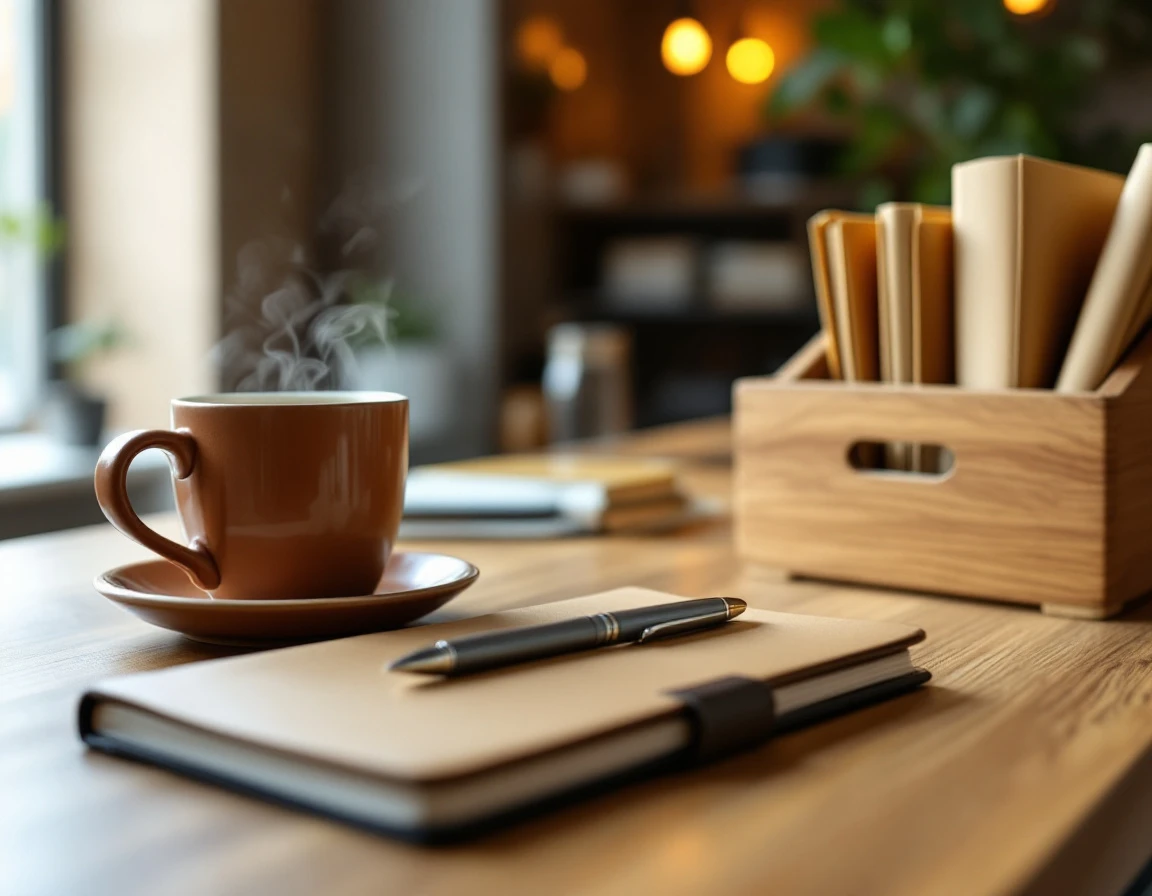 Organized office workspace with coffee, notebooks, and file folders showing professional customer management setup