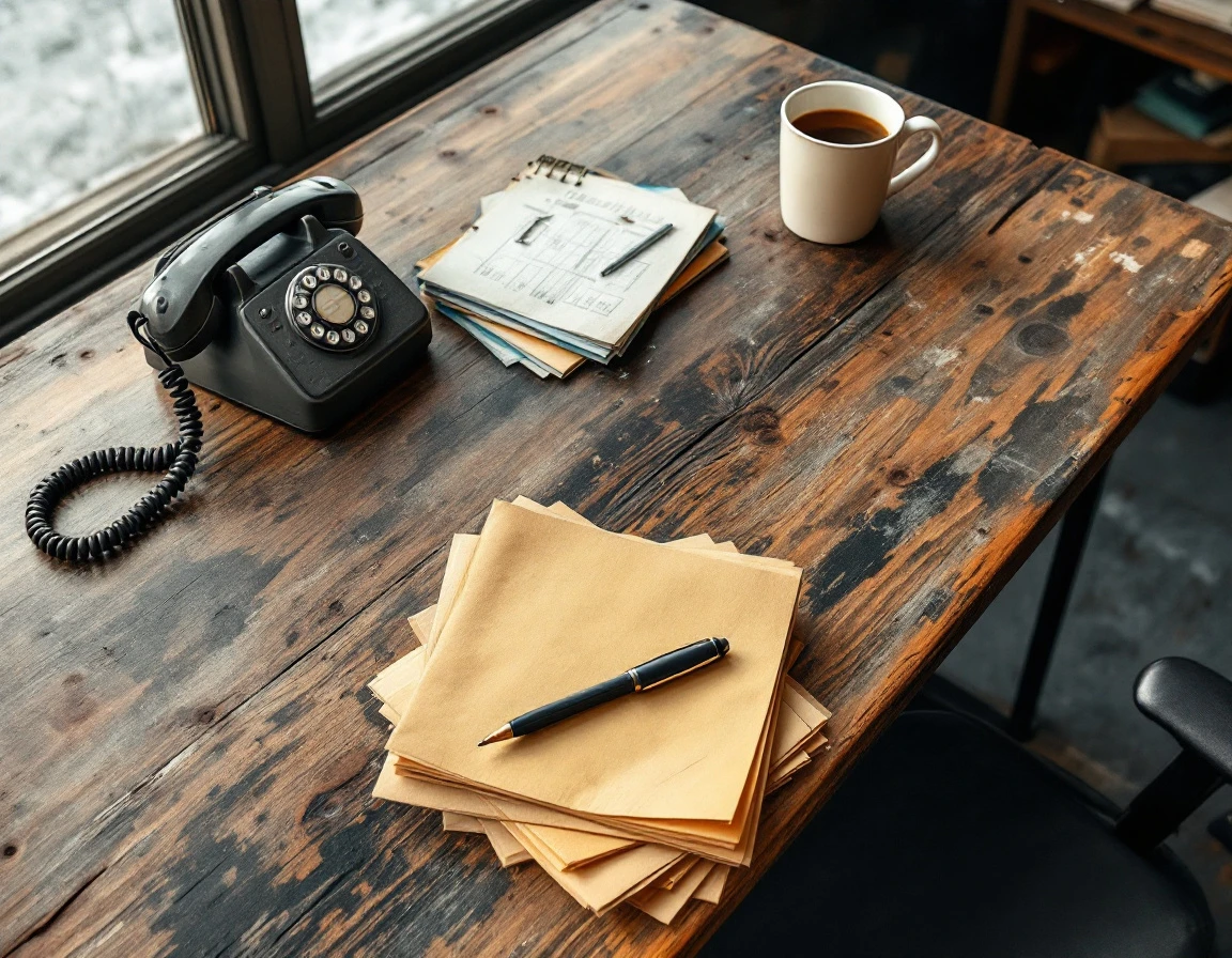Weathered desk with vintage rotary phone and stack of neglected manila folders in dispatch office