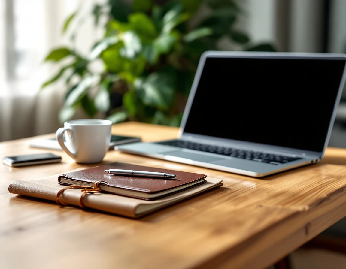 Clean wooden desk with laptop, coffee cup, and notebook in naturally lit business office
