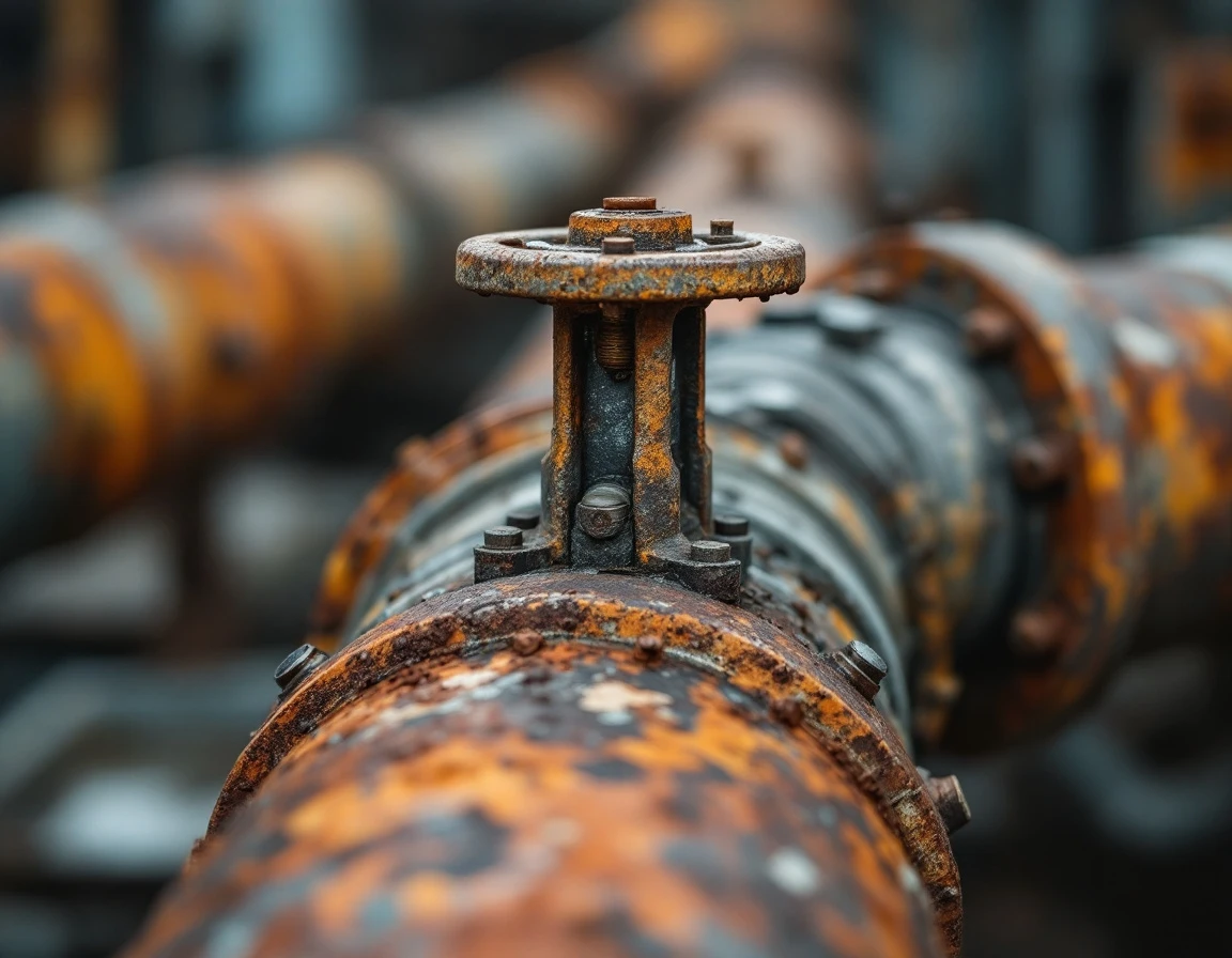 Corroded industrial valve junction showing blocked pipeline flow and mechanical failure from neglect