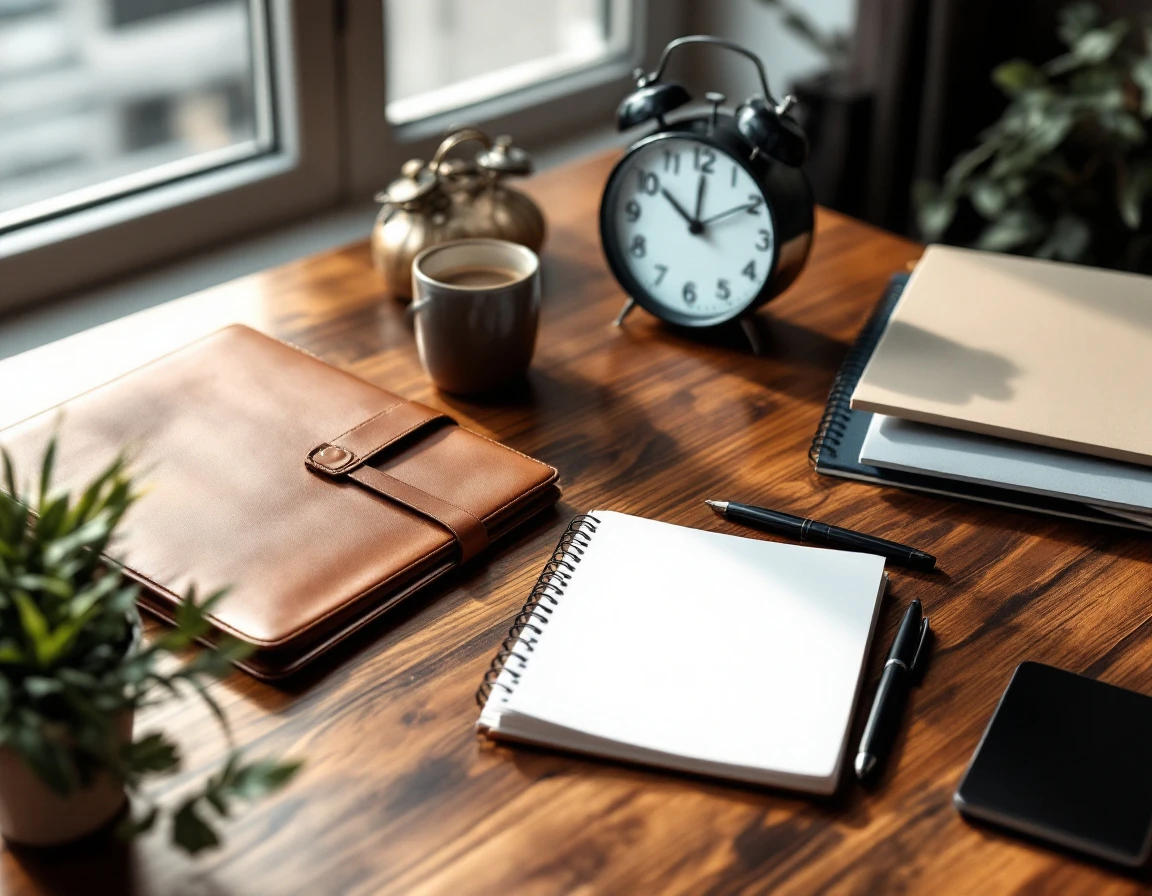 Professional desk workspace with blank notebooks, pens, clock and coffee representing pipeline management discipline