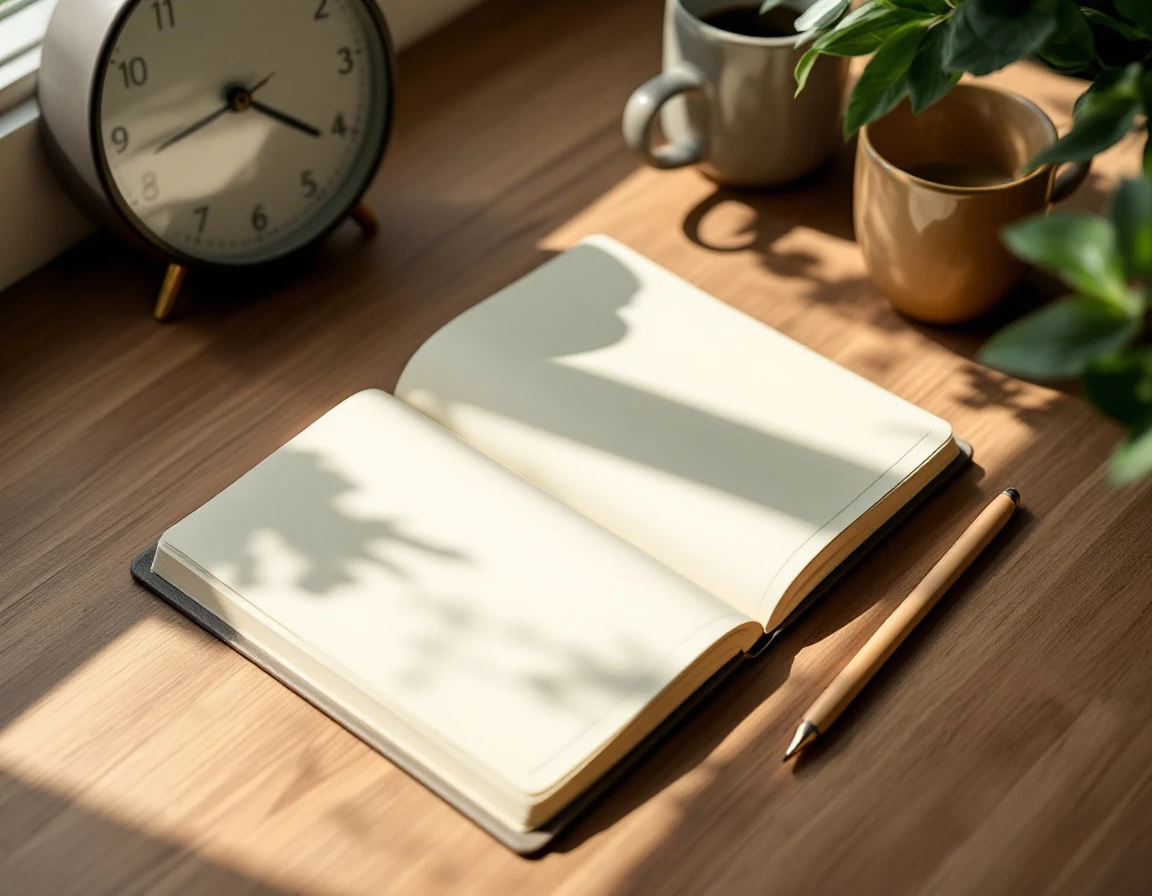 Clean workspace with blank notebook, coffee mug, and unfocused clock on wooden desk in natural morning light