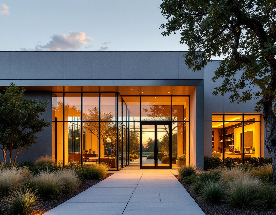 Modern commercial building entrance at sunset with natural lighting and clean architectural lines