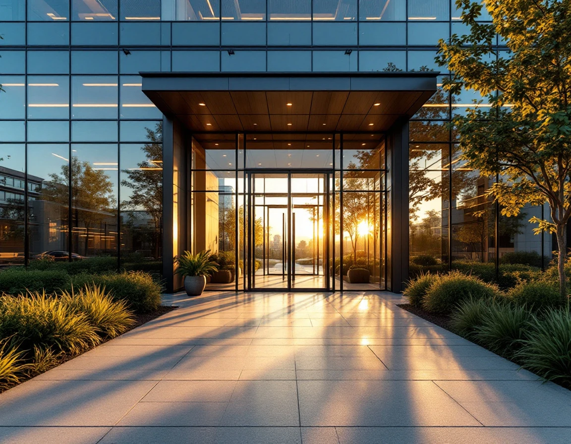 Modern commercial building entrance with glass doors and polished walkway at golden hour