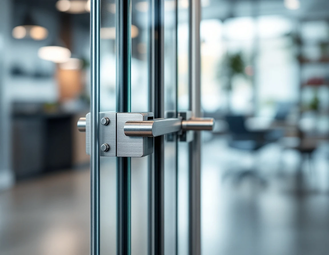Close-up of commercial glass door pivot hinge and aluminum hardware showing precision installation details