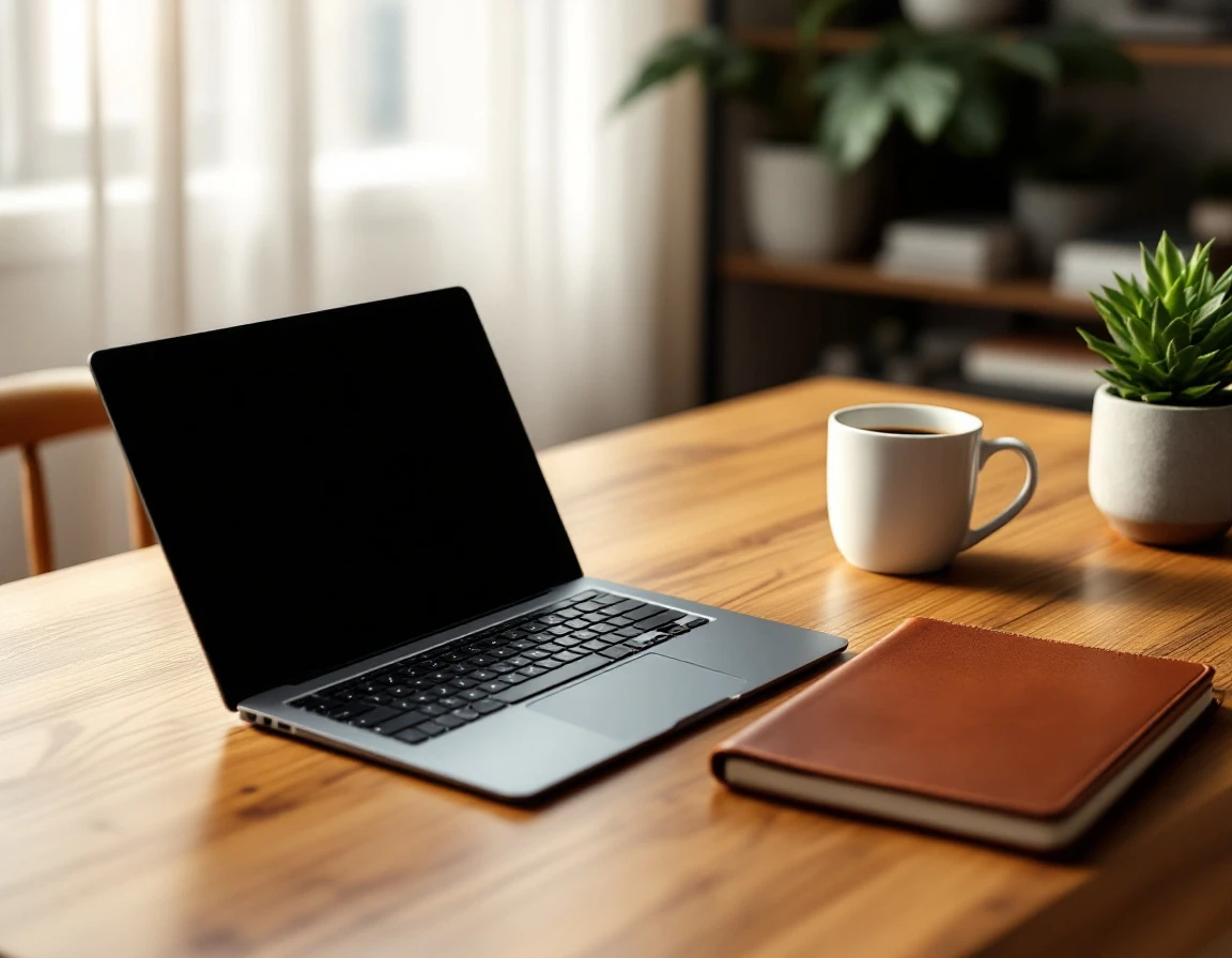 Clean workspace with closed laptop, leather portfolio, and coffee on wooden desk in natural morning light