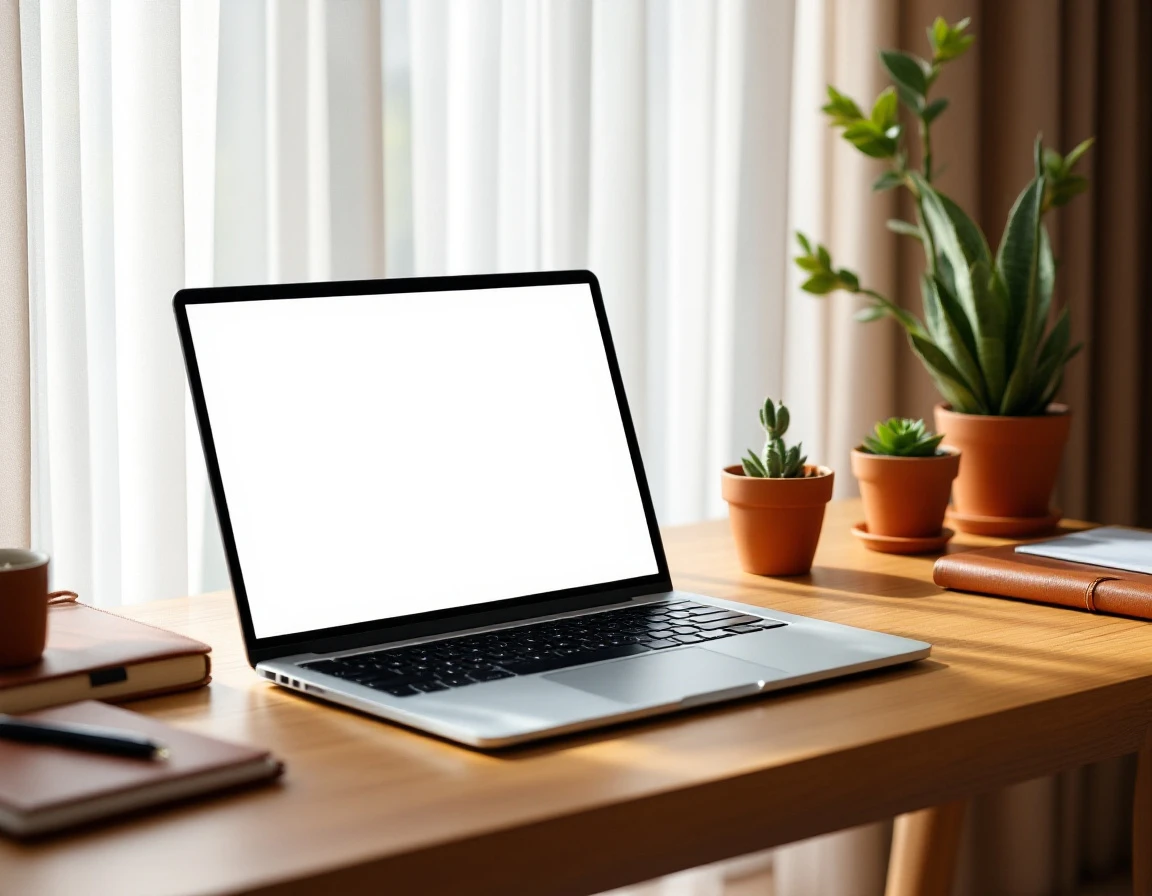 Organized desk workspace with laptop, plants, and leather organizers in natural sunlight