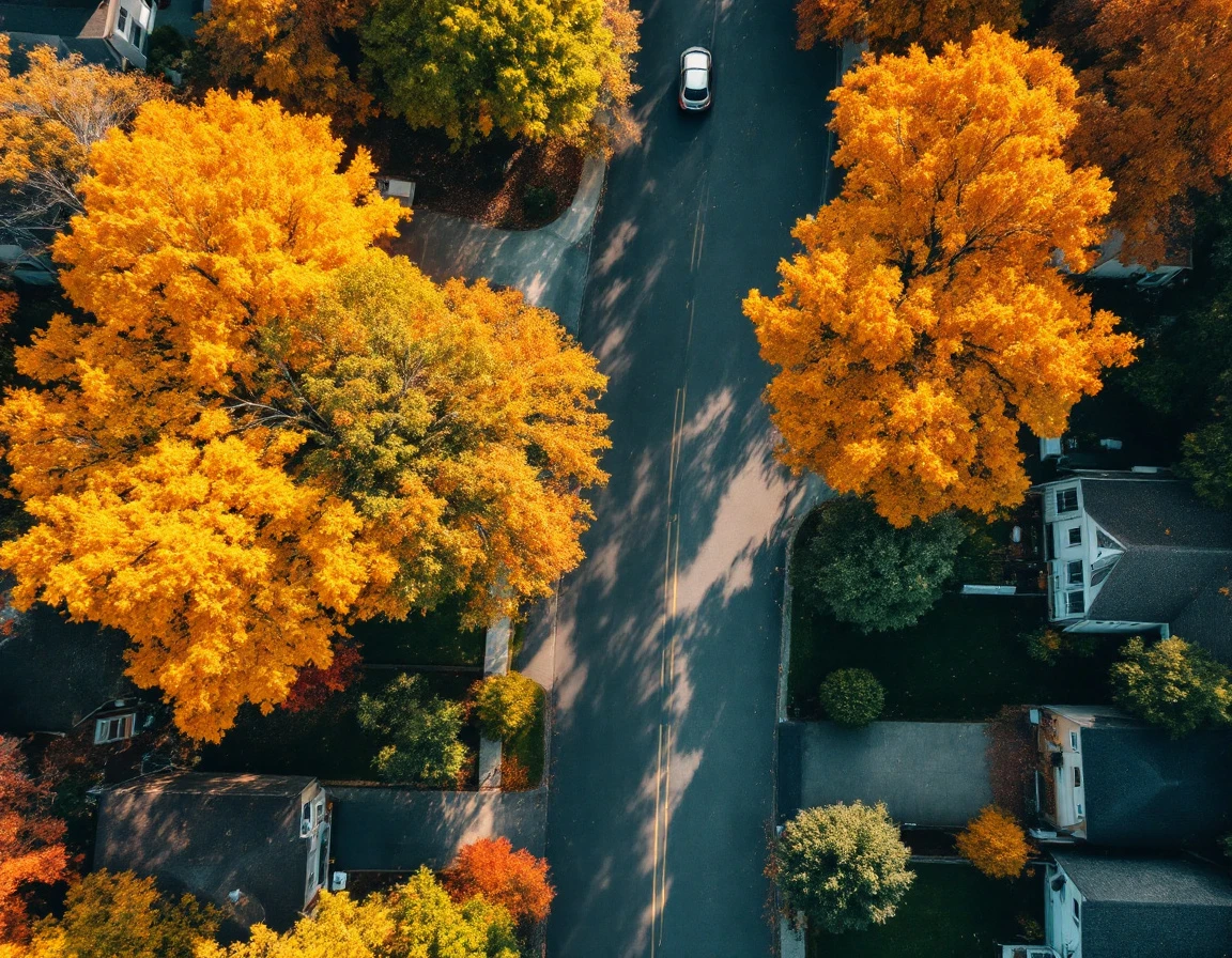 Aerial view of suburban street in autumn showing seasonal patterns across residential neighborhood