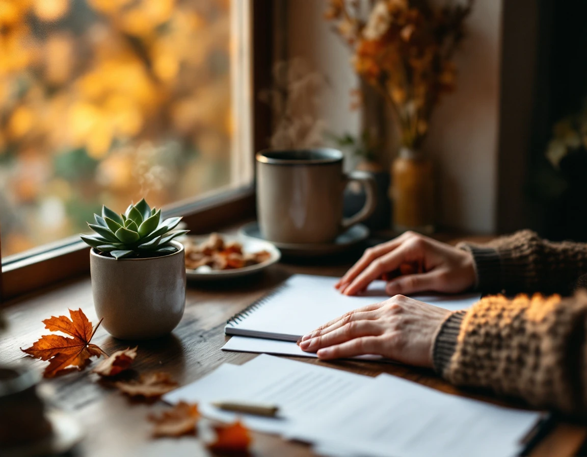 Autumn workspace with planning materials and warm window light filtering through fall foliage