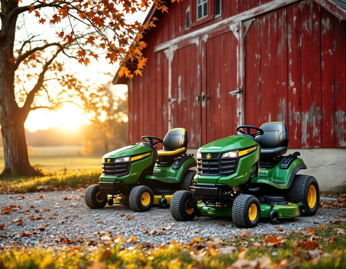 Professional lawn care equipment arranged outside rural barn in autumn before busy season begins