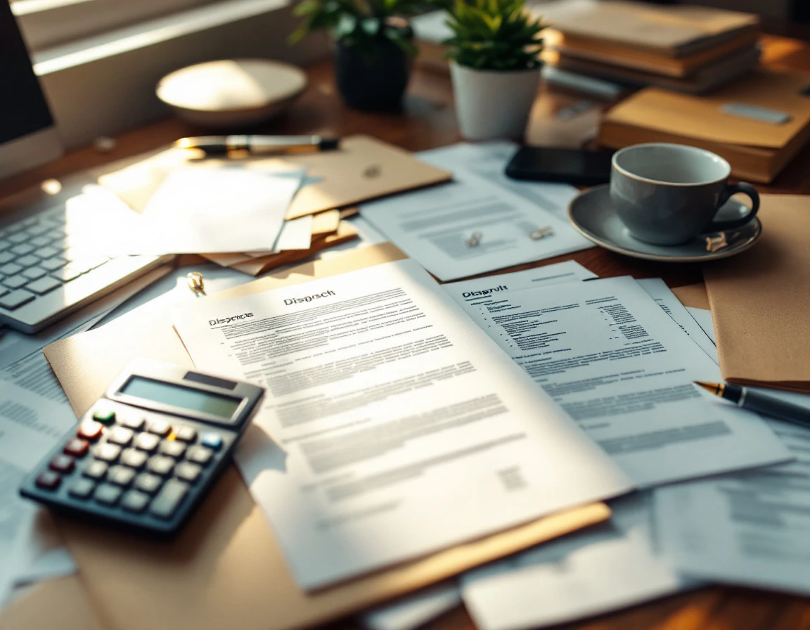Cluttered dispatch office desk with illegible documents, calculator, keyboard, and coffee mug