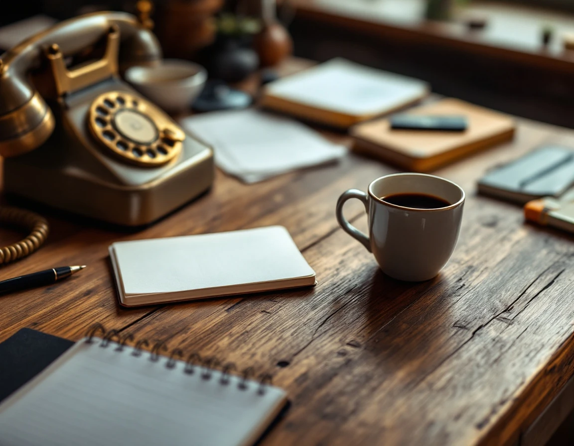 Dispatch office desk with vintage telephone and coffee mug showing consolidated workspace materials