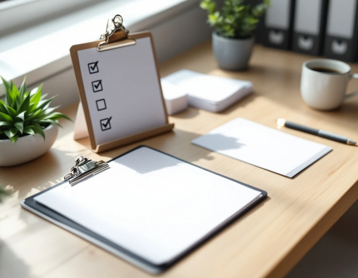 Organized desk workspace showing blank papers and compliance workflow materials without readable text