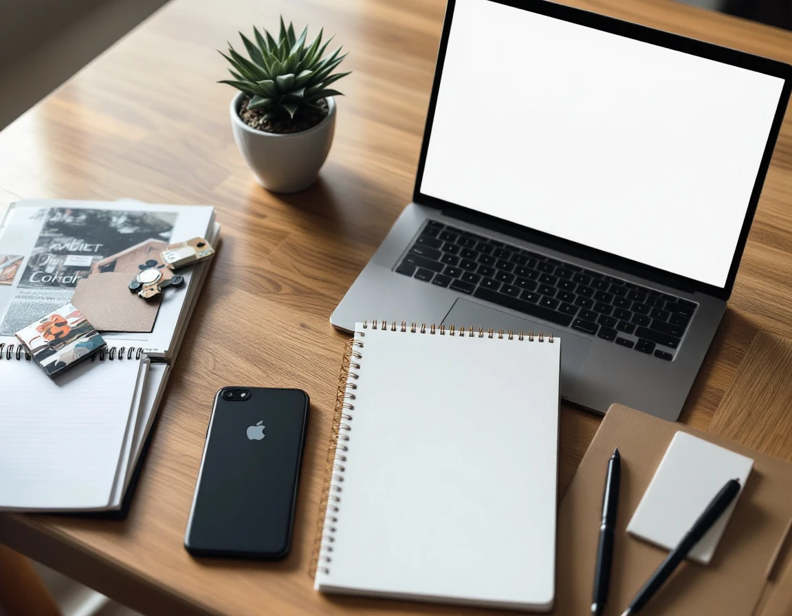 Organized wooden desk workspace with laptop, notebook, smartphone, and office supplies arranged for professional use