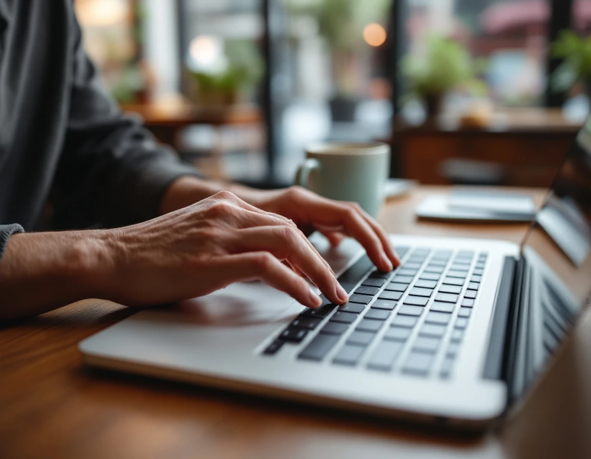 Hands typing on laptop in coffee shop workspace with morning light and coffee mug