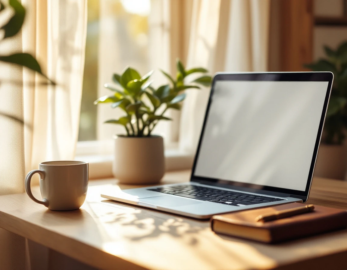 Modern home office workspace with laptop and minimal desk setup in natural morning light