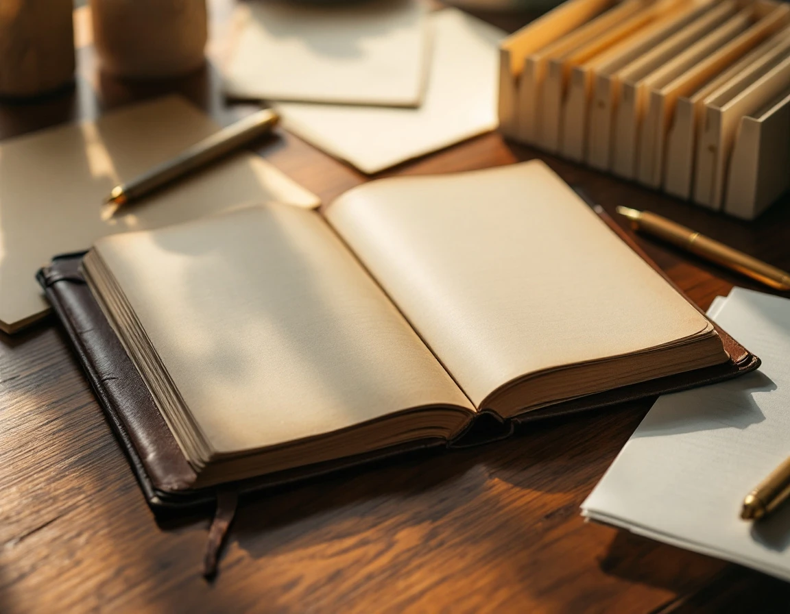 Leather notebook and file organizer on wooden desk representing basic contact management tools