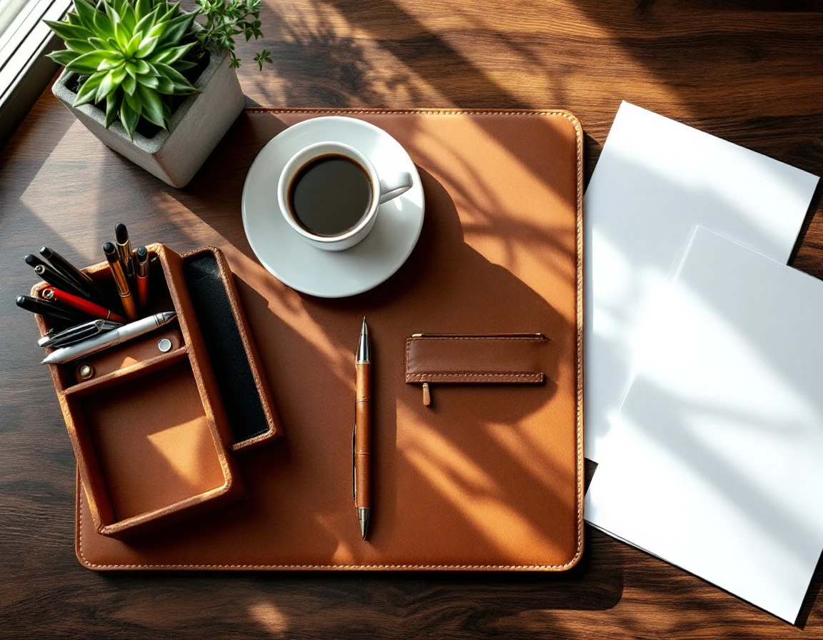 Overhead view of executive desk with leather organizer, blank papers, coffee cup, and office supplies