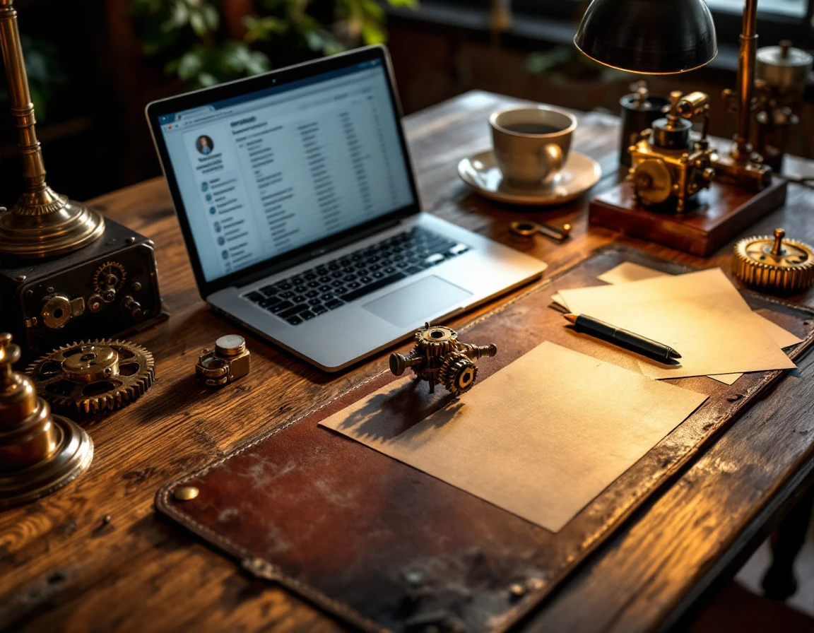 Vintage desk workspace with CRM software on laptop screen and brass tools for service business management
