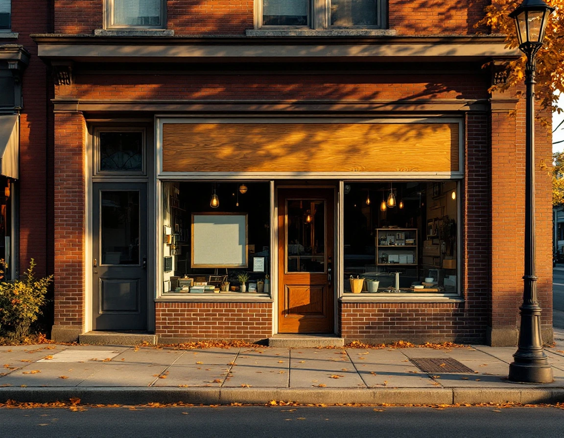 Blank storefront facade on quiet commercial street showing established but unmarked business presence