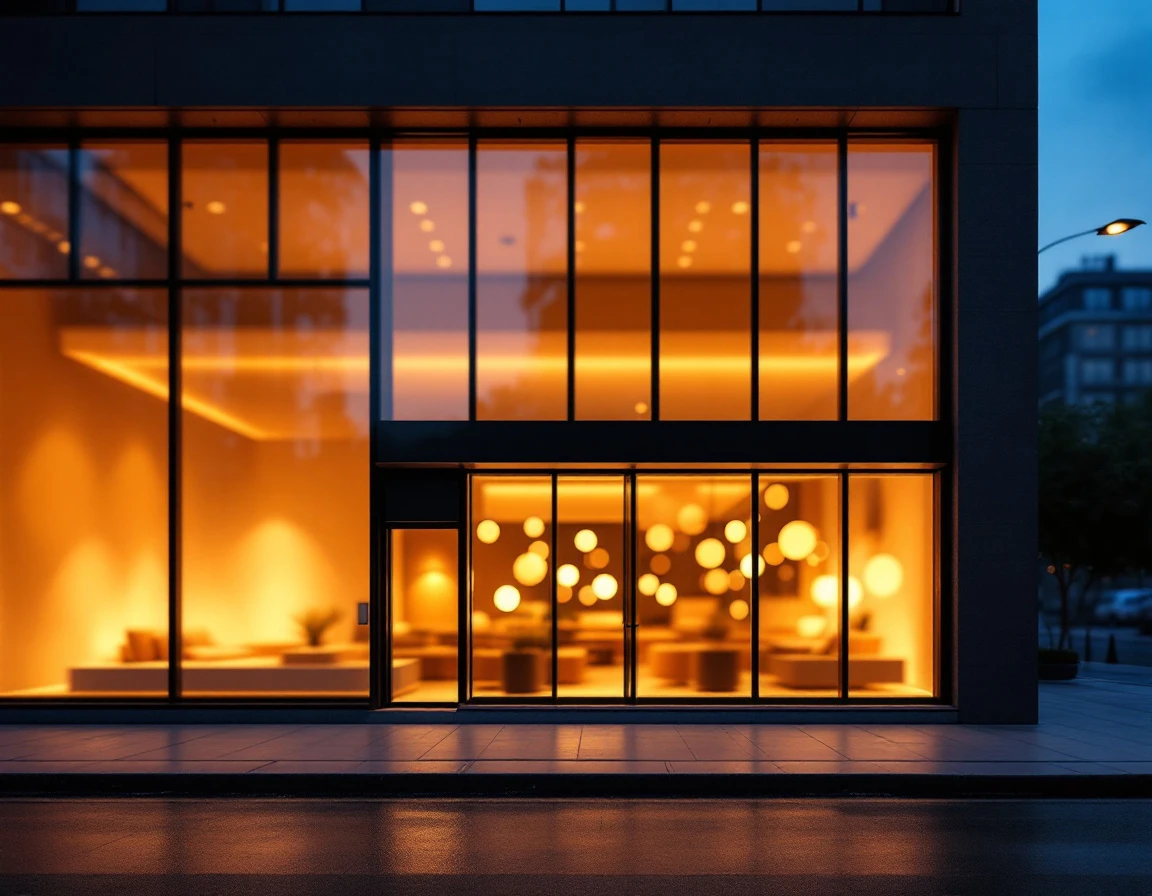Modern commercial storefront at twilight with warm interior lighting visible through large windows