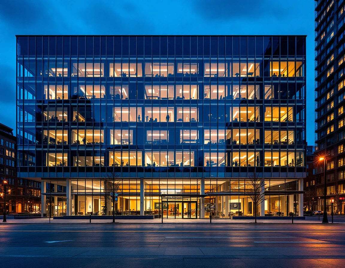 Modern commercial office building at twilight with varied interior lighting revealing active and vacant workspaces