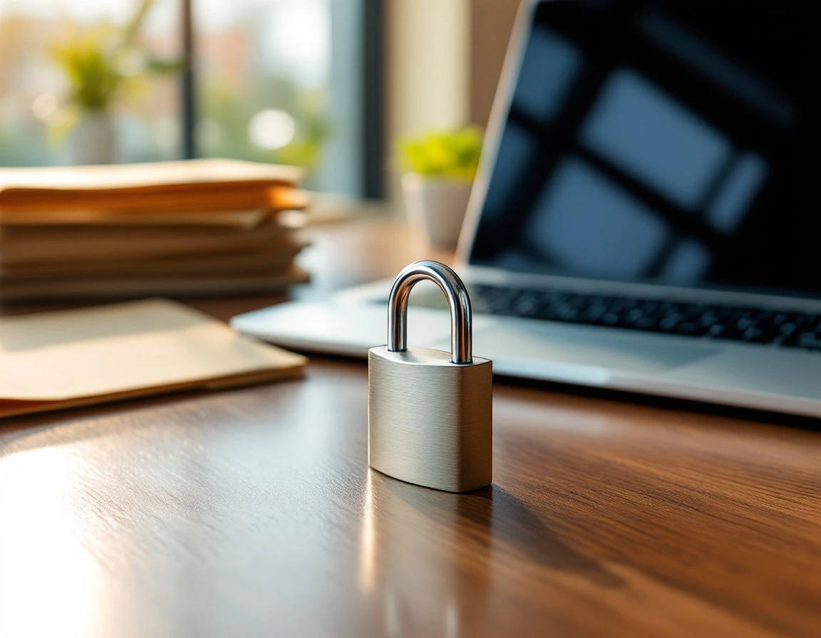 Office desk with laptop, security badge, padlock, and organized folders representing CRM data protection