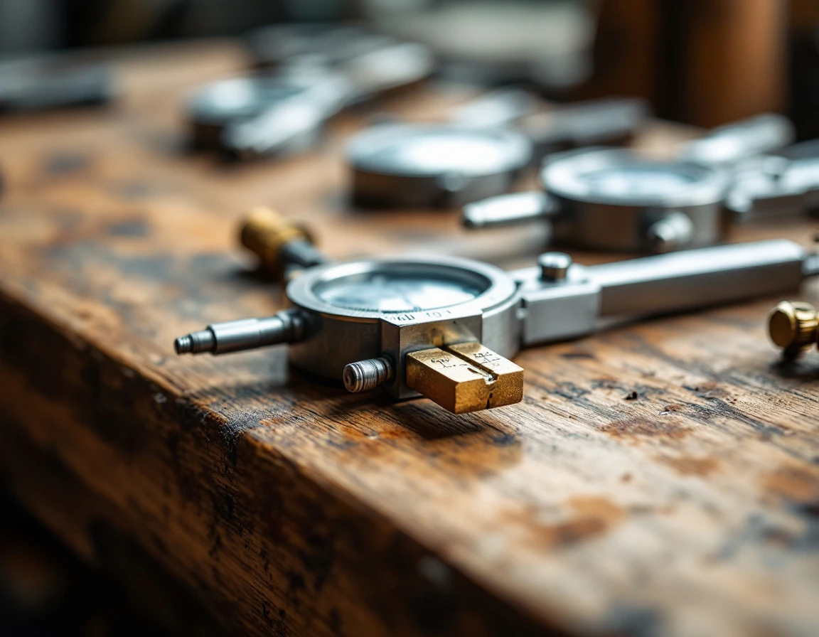 Precision measurement tools including brass micrometer and steel calipers on weathered oak workbench