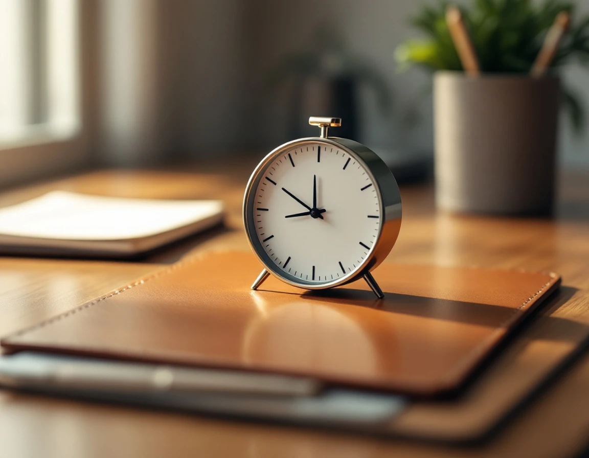 Analog clock on organized desk with shallow depth of field showing time management tools