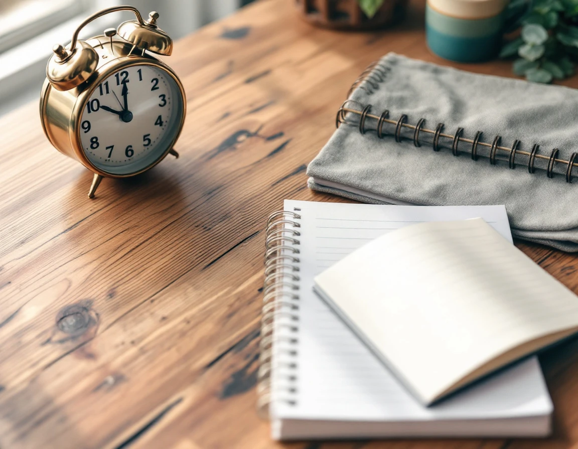 Wooden desk with clock, coffee mug, and blurred calendar suggesting outreach timing planning